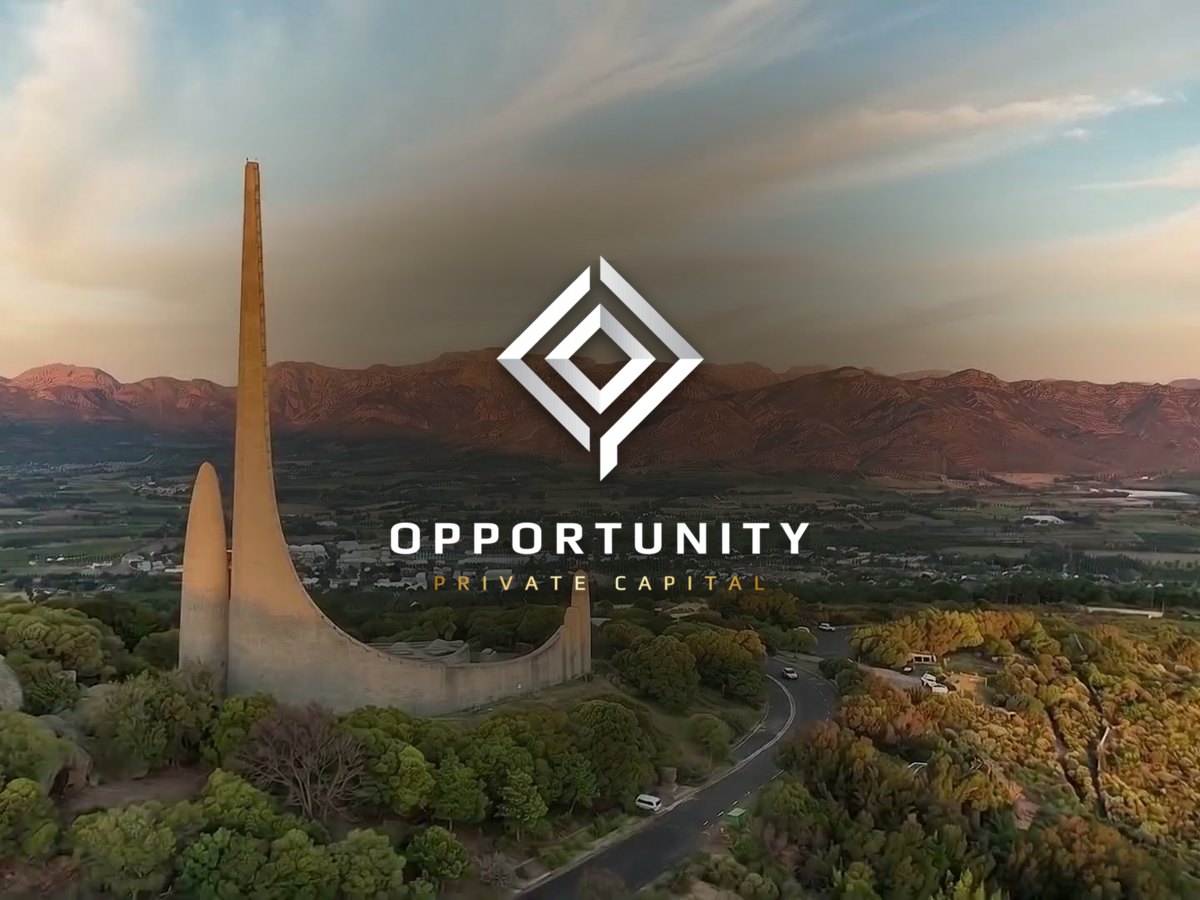 The Opportunity Private Capital logo over the Taal Monument and the Paarl Winelands at sunset