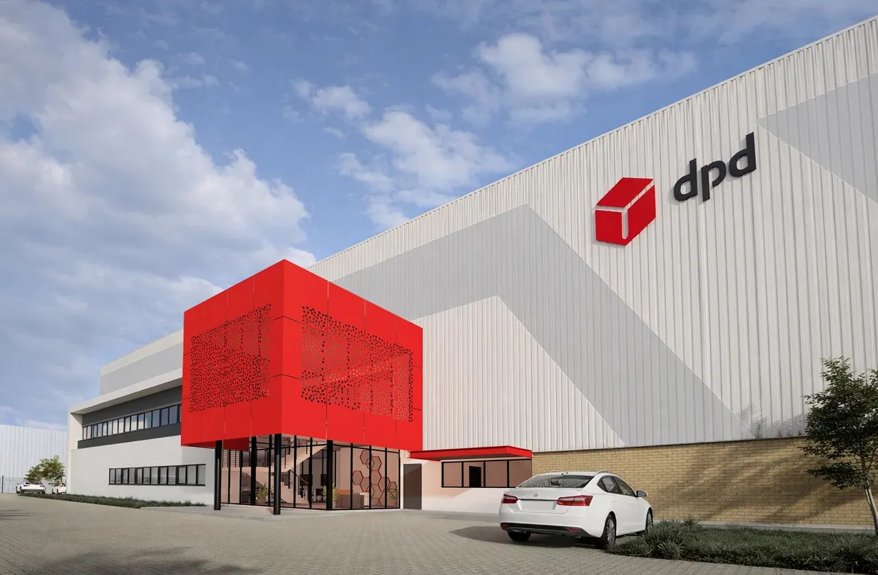 Artist's impression of the new DPD Laser logistics facility at Growthpoint Industrial Estate in Meadowdale, Germiston: a grey warehouse with the dpd logo and a red perforated office block at the entrance