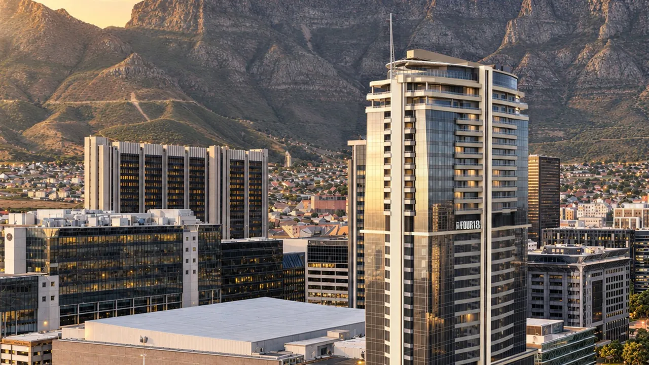 Artist's impression of the 35-storey ThirtyFour18 tower, with FOUR18 signage near the top, rising above Cape Town's Foreshore with Table Mountain behind it