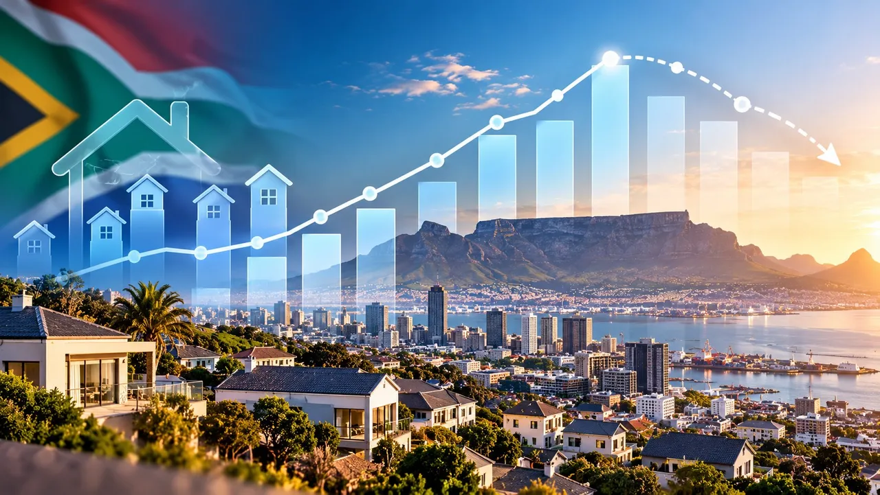 South African flag and a glowing house-price chart rising then curving down over a Cape Town suburb with Table Mountain and the city at sunset