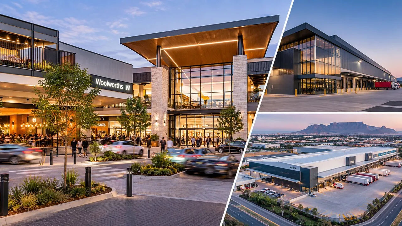 Collage of a shopping centre entrance at dusk, a glass-fronted warehouse and an aerial view of a logistics park with Table Mountain in the distance