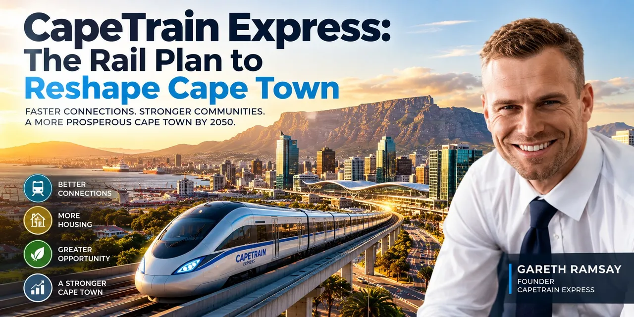 CapeTrain Express: the rail plan to reshape Cape Town. An express train on an elevated line past the city and Table Mountain at sunset, with CapeTrain Express founder Gareth Ramsay smiling in a white shirt and navy tie, and icons for better connections, more housing, greater opportunity and a stronger Cape Town