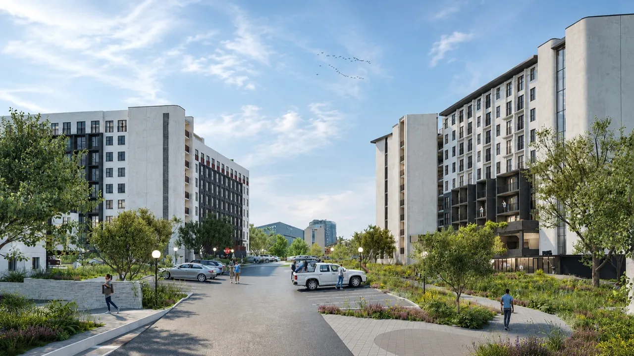 Render of Menlyn Park Apartments' Gobie Street: white apartment blocks either side of a landscaped street with trees, parked cars and people walking