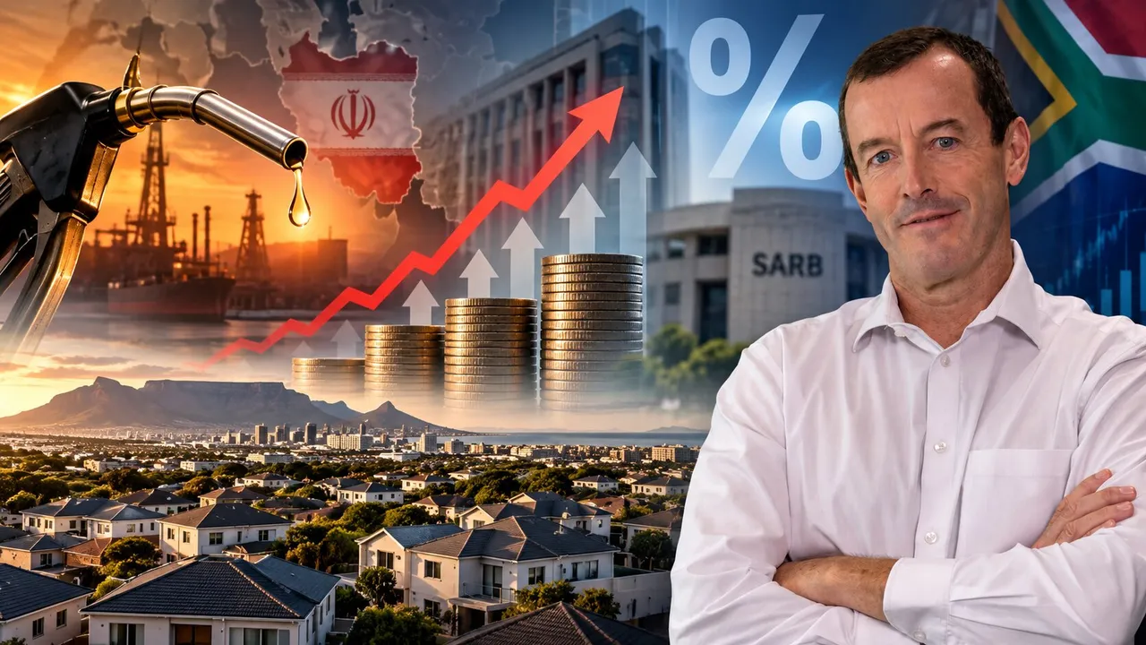 Collage of a fuel nozzle, an oil refinery and a map of Iran, a rising red arrow over stacks of coins, the SARB building and Cape Town suburbs, with a man in a white shirt standing arms folded
