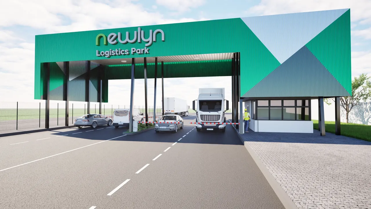 Computer-generated image of the entrance to Newlyn Logistics Park in Gqeberha: a green and grey gatehouse canopy with the Newlyn Logistics Park sign, trucks and cars queuing at the boom gates