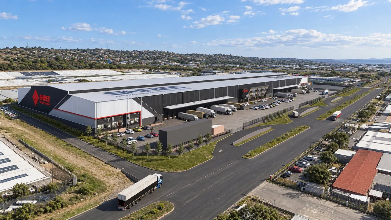 Artist's impression of a large Shree Property Holdings logistics warehouse with loading bays, trucks and parking, beside a road in an industrial area under a blue sky