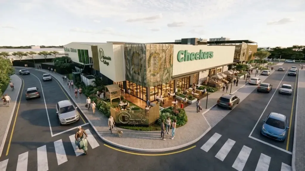 Architectural render of Pinelands Village on a street corner: a Checkers store with a patterned green facade, outdoor seating and planters, shoppers on the pavement and cars on the surrounding roads